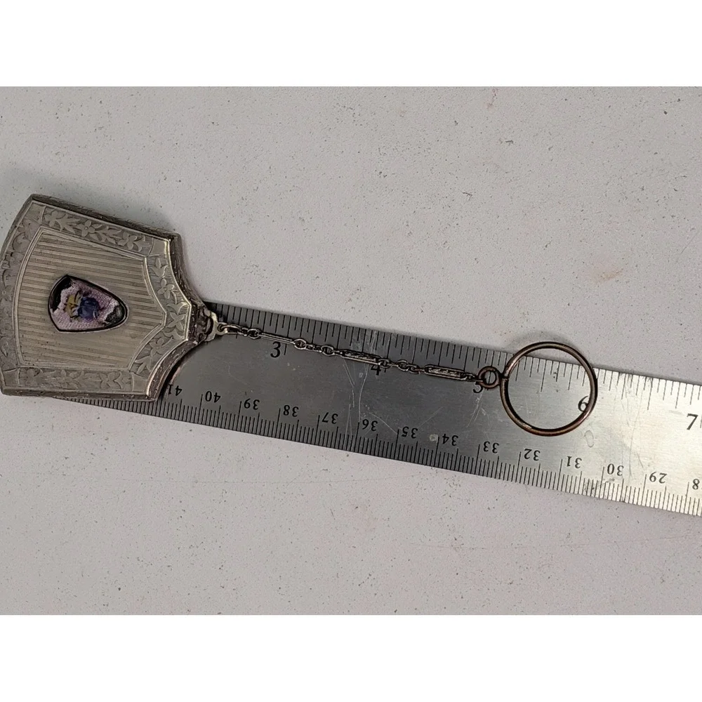Vintage Silver Tone Compact Mirror Powder Case Chain Finger Ring Floral Enamel